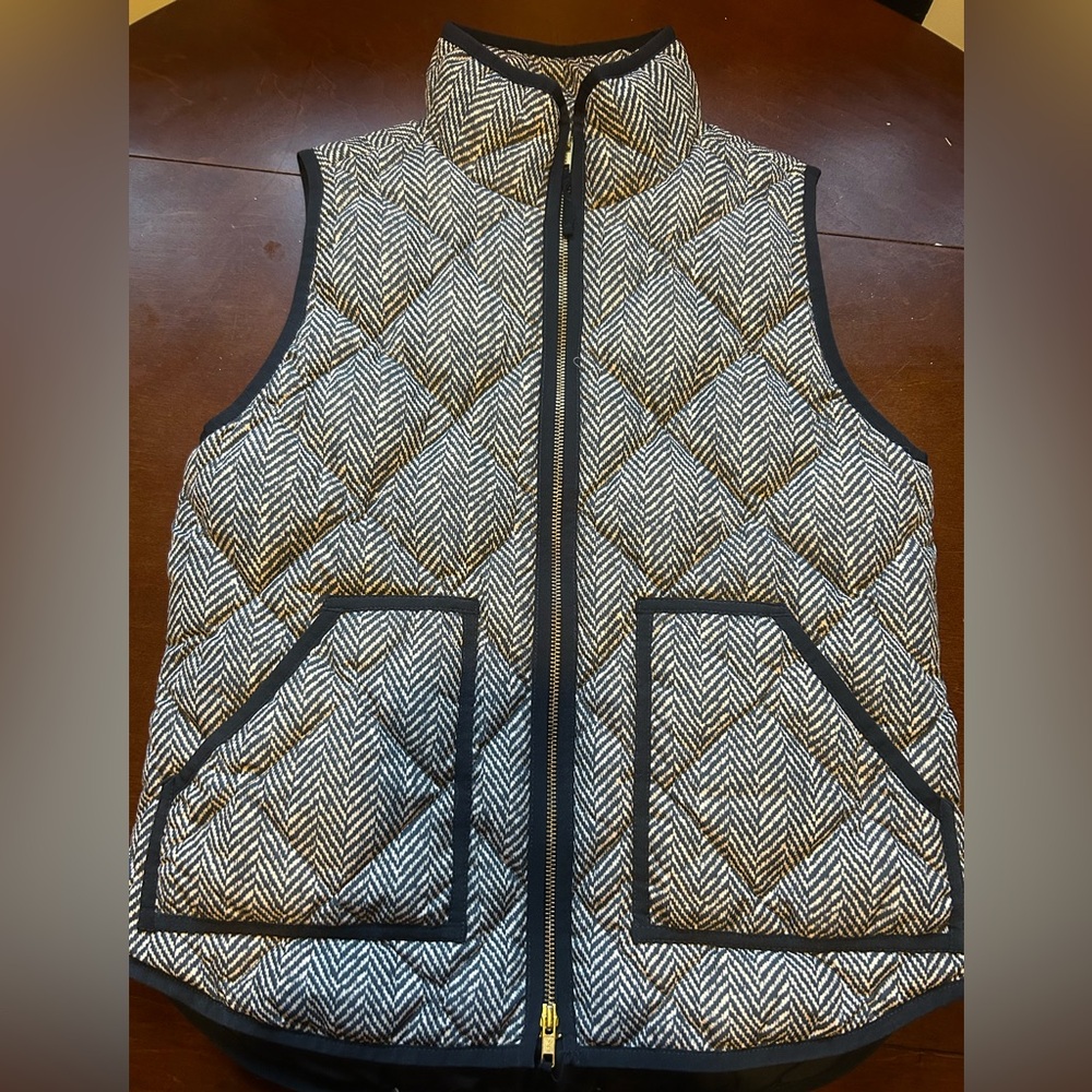 J. Crew Black and Cream Herringbone Quilted Vest